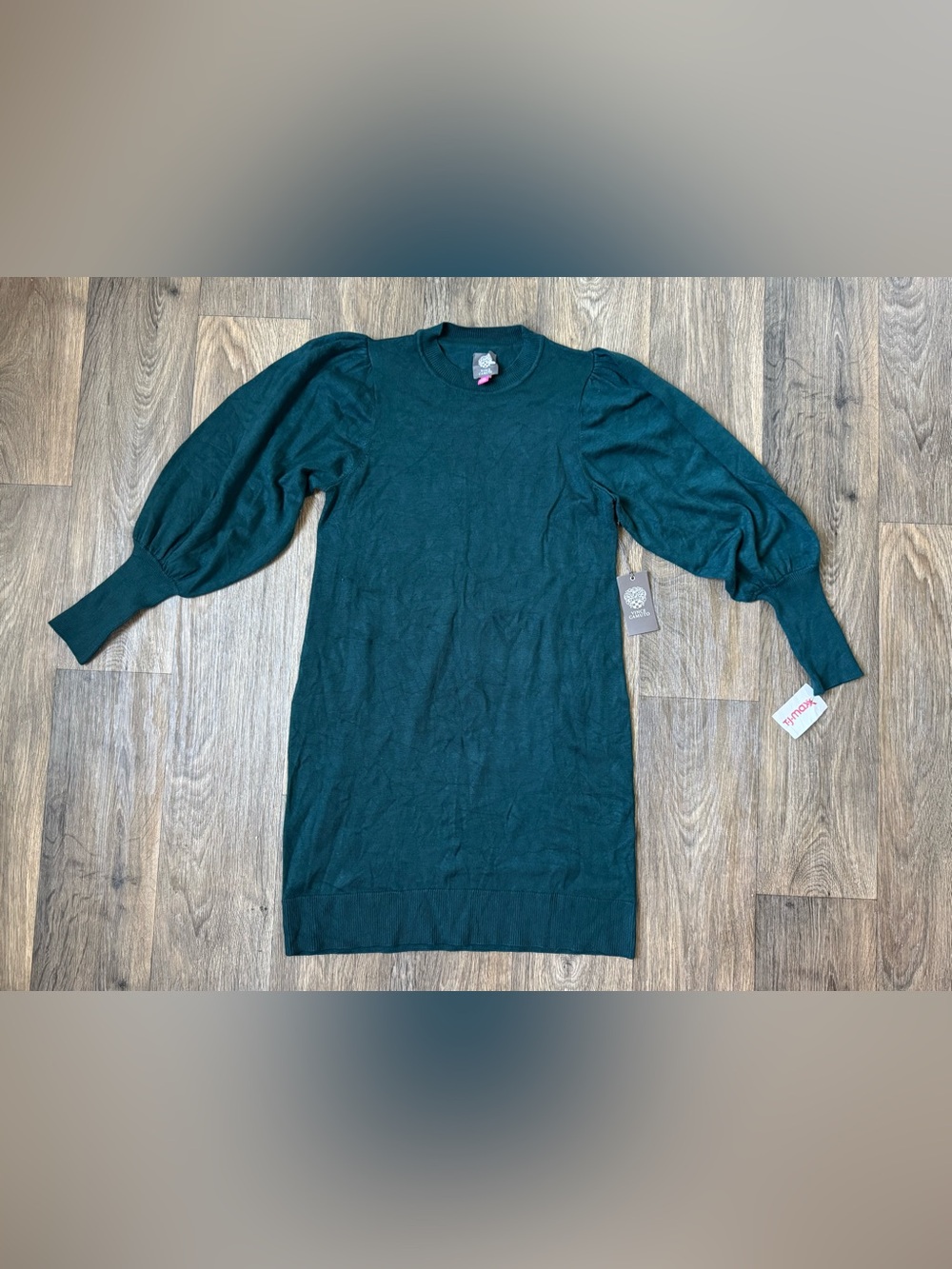 Vince Camuto Dark Teal Solid Knit Sweater Dress Crew Neck Puff Long Sleeve S